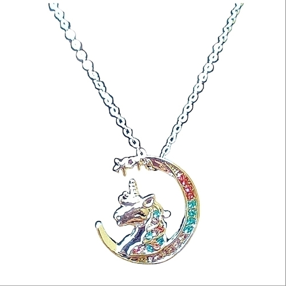 Silver Gold Plated Unicorn Pendant Necklace Moon Stars Rainbow Rhinestones - Picture 2 of 7